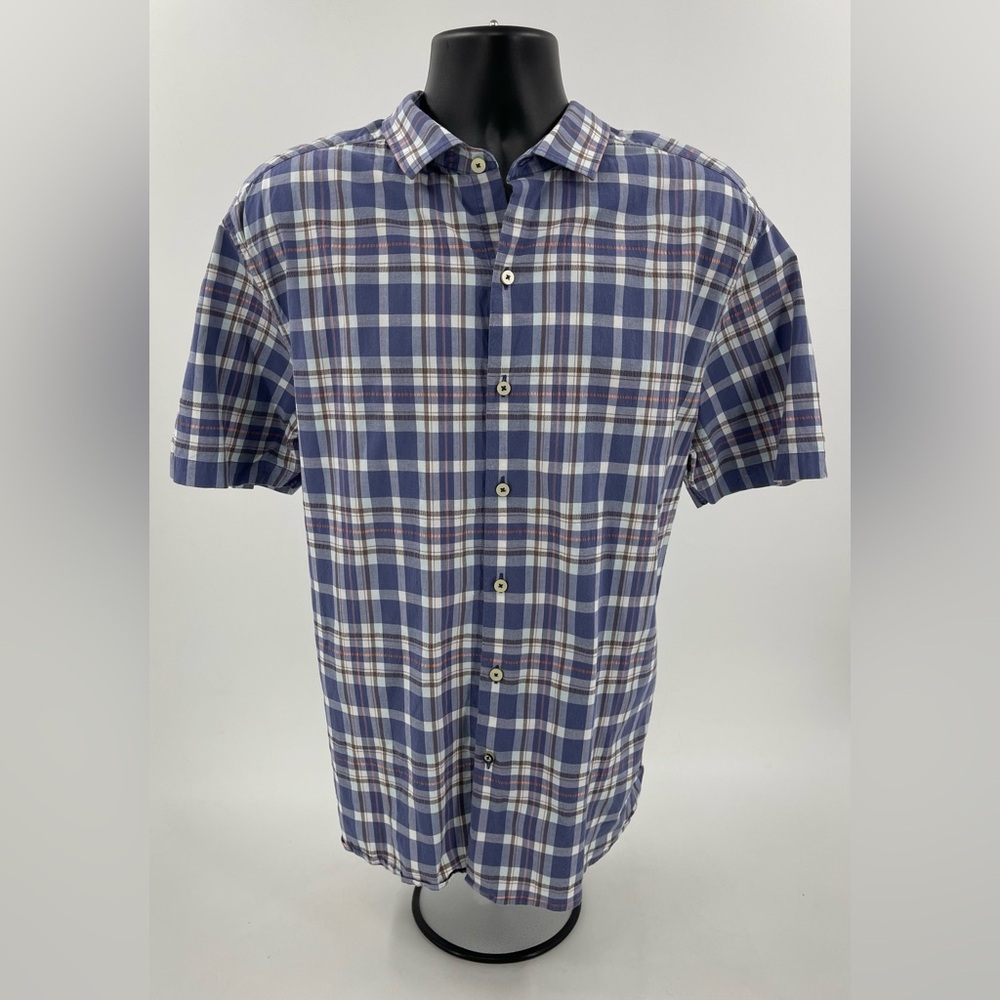 Tommy Bahama Blue & White Plaid S/S Button Down Shirt Men’s XL Cotton &‎ Spandex